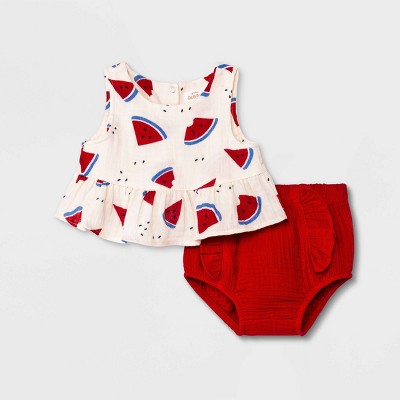 Image of Baby Girls' Watermelon Gauze Top & Bottom Set - Cat & Jack™ Red 3-6M