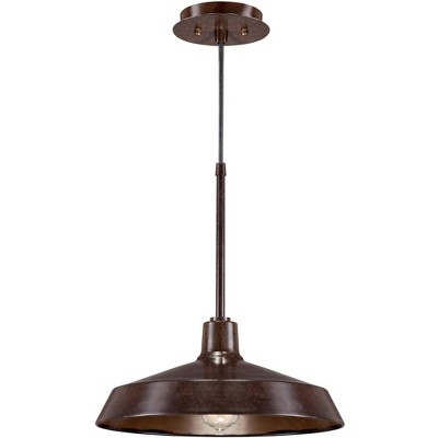 Franklin Iron Works Warm Bronze Pendant Light 15" Wide Farmhouse Industrial Inverted Flat Bowl Shade Fixture for Kitchen Island