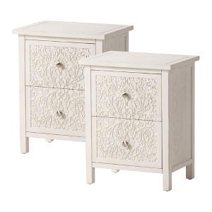 COZAYH Farmhouse 2 Drawer Bedroom Nightstand w/ Embossed Flower Motif, Set of 2 - 1 of 4