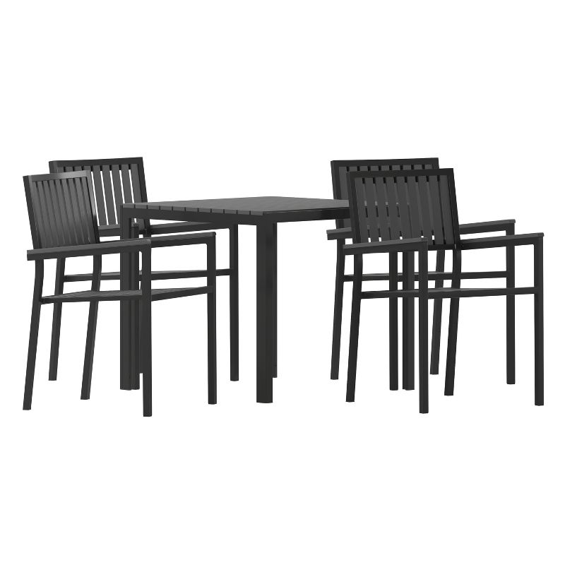 Emma and Oliver 5 Piece Modern Weather and Rust Resistant Black Steel and Polyresin Patio Set with Table and 4 Chairs for Indoor/Outdoor Use, 1 of 10