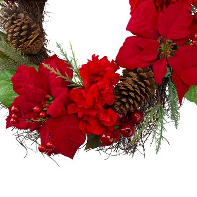 24-Inch Red Poinsettia and Hydrangea Artificial Christmas Wreath