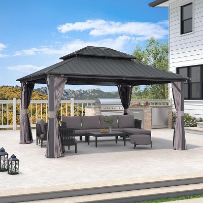 PURPLE LEAF Permanent Hardtop Gazebo Aluminum Frame Gazebo with Galvanized Steel Double Roof, UV-Resistant, Netting & Curtains included - Grey