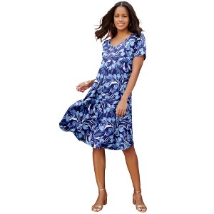 Roaman's Ultrasmooth Plus Size V-Neck Swing Dress – Soft Knit, Flattering Fit - 1 of 4