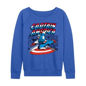 Women's - Marvel - Captain America Burst Lightweight French Terry Wide Neck Long Sleeve Graphic Shirt - 1 of 3