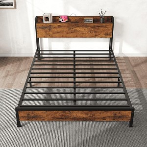 Full Bed Frame with Bedside Charging Station - 2 USB Ports & 2 AC Outlets, Metal Frame w/ Wood Headboard/Footboard (Brown,No Box Spring) - 1 of 4