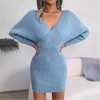 Coolmee Women's Wrap V Neck Sweater Dress Rib Knit Batwing Dresses - 2 of 4