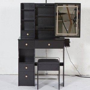 CAVINAS Desk with Drawers, Large Right Sliding Mirror Dressing Table Large Storage Corner Makeup Vanity - 1 of 4