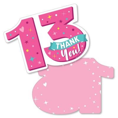 Big Dot of Happiness Girl 13th Birthday - Shaped Thank You Cards - Official Teenager Birthday Party Thank You Note Cards with Envelopes - Set of 12