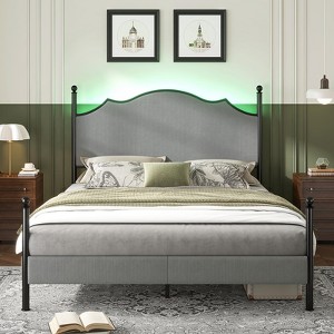 AMERLIFE Bed Frame with 51.2" Tall Upholstered Headboard and Four Poster Design - 1 of 4