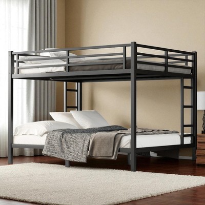 Metal Queen over Queen Bunk Bed with Ladders and Guardrails, Heavy Duty Space-Saving Frame with 20 Slats, No Box Spring Needed for Teens Adults