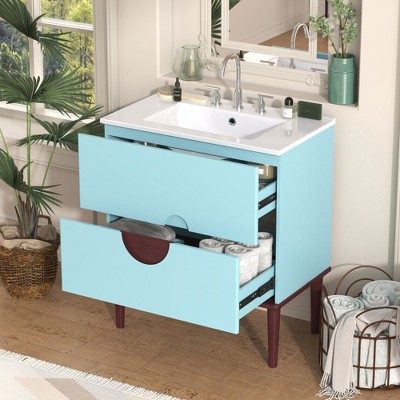 MOEPISY 30 inch Bathroom Vanity Cabinet with Ceramic Sink Combo Set, Solid Wood Frame with 2 Drawers, Blue