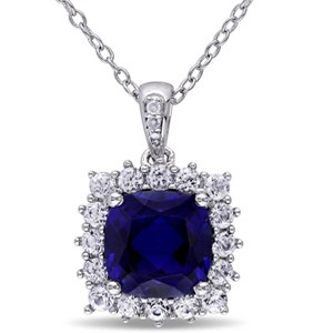 EVERLY JEWELRY | Sterling Silver 3 3/5 CT TGW Created Blue and Created White Sapphire and Diamond Halo Pendant with Chain, 18 inc - 1 of 4