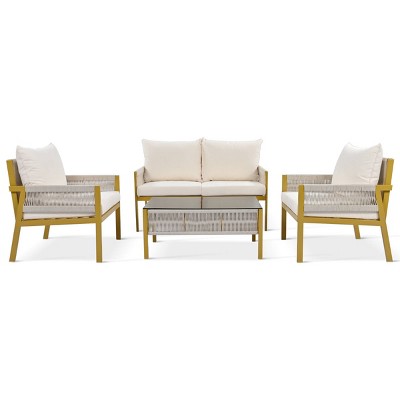 Nestfair 4pc Metal Frame Patio Set with Tempered Glass Table and Cushions