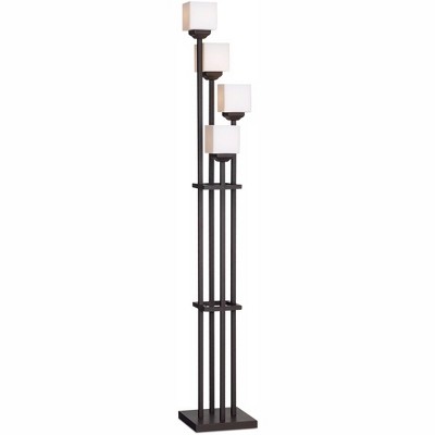 Franklin Iron Works Mission Torchiere Floor Lamp 4-Light Tree Bronze Iron Square-Sided White Glass Shades for Living Room Bedroom