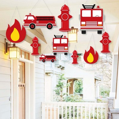 Big Dot of Happiness Hanging Fired Up Fire Truck - Outdoor Firefighter Baby Shower or Birthday Party Hanging Porch & Tree Yard Decorations - 10 Pieces