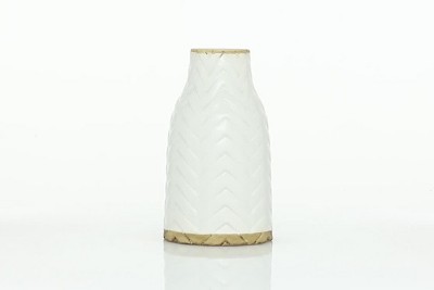 White Chevron Pattern Ceramic Vase with Brown Base, 12"