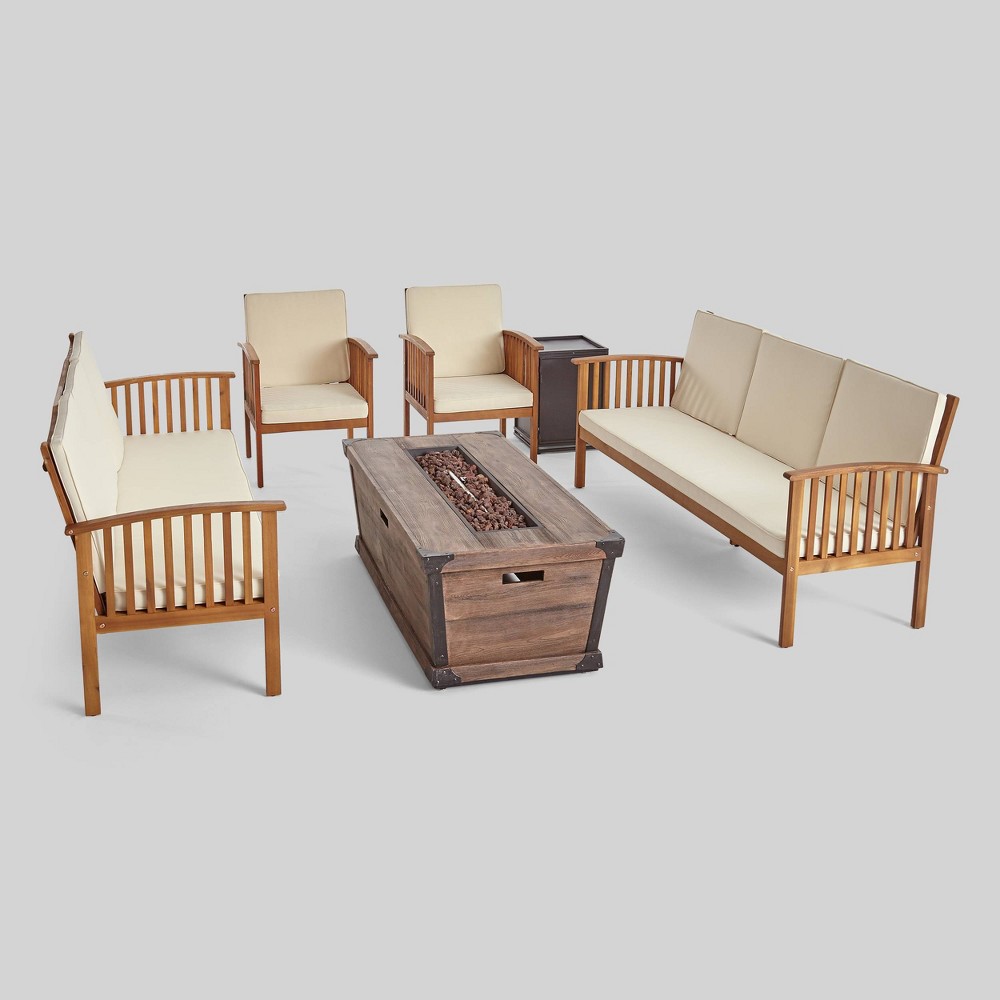 Photos - Garden Furniture Carolina 6pc Acacia Wood Conversational Sofa and Fire Pit Set - Teak/Cream