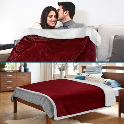 Wine Red Reversible Sherpa Fleece Throw Blanket 50" x 60"
