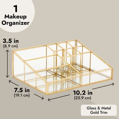 Gold Trim Glass Makeup Organizer with 10 Compartments