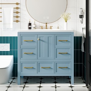 36'' Modern Bathroom Vanity with Resin Sink, Freestanding Storage Cabinet with 5 Drawers & Soft-Close Doors, Black/White/Blue - ModernLuxe - 1 of 4