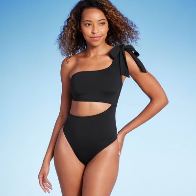 Women's One Shoulder Bow Cut Out One Piece Swimsuit - Shade & Shore™ Black  L : Target