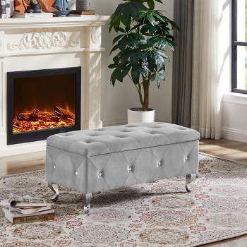 Velvet/PU Upholstered Storage Bench With Safety Hinges - ModernLuxe