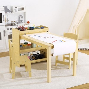 Kids Art Table with 2 Chairs, Toddler Craft Play Wood Activity Desk with Large Storage Shelves for Writing Drawing - 1 of 4