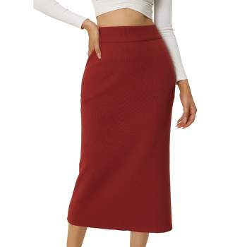 Seta T Women's Elastic High Waist Midi Basic Skirt Slit Hem Stretchy Ribbed Knit Bodycon Midi Skirts