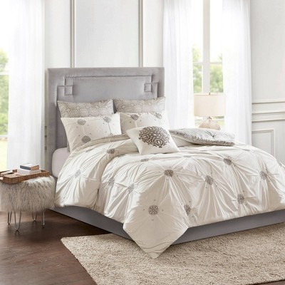Gray Cotton Reversible King Embroidered Comforter Set