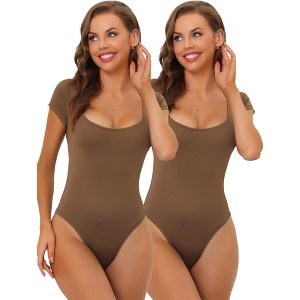 Allegra K Women's Square Neck Tummy Control Short Sleeve Adult Bodysuits 2 Pcs - 1 of 4