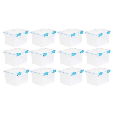 Sterilite 7.5 Qt Gasket Box, Stackable Storage Bin with Latching Lid and  Tight Seal, Plastic Container to Organize Basement, Clear Base, Lid, 6-Pack