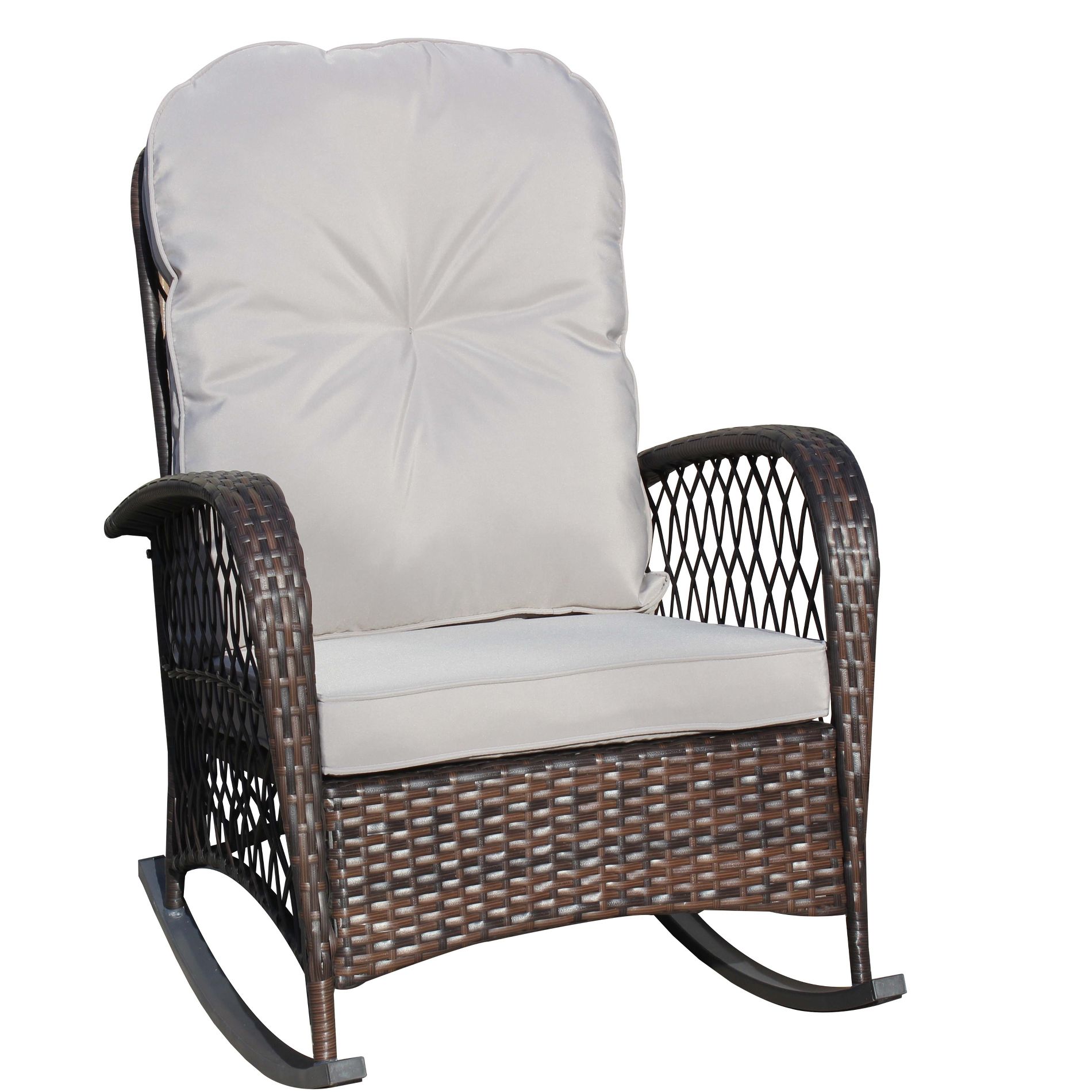 Gulches Outdoor Wicker Rocking Chair - Weather-Resistant PE Rattan Iron Frame, Gray Cushion, Brown, 29.13""x38.60""x35.50"", for Porch Patio Poolside
