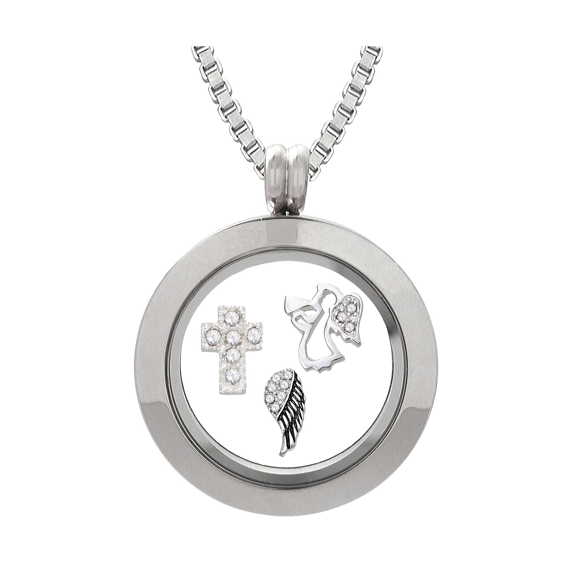 Treasure Lockets Silver Plated Stainless Steel Angel Charm Locket and Box Chain Necklace Set, Women's, Silver/Silver/Silver
