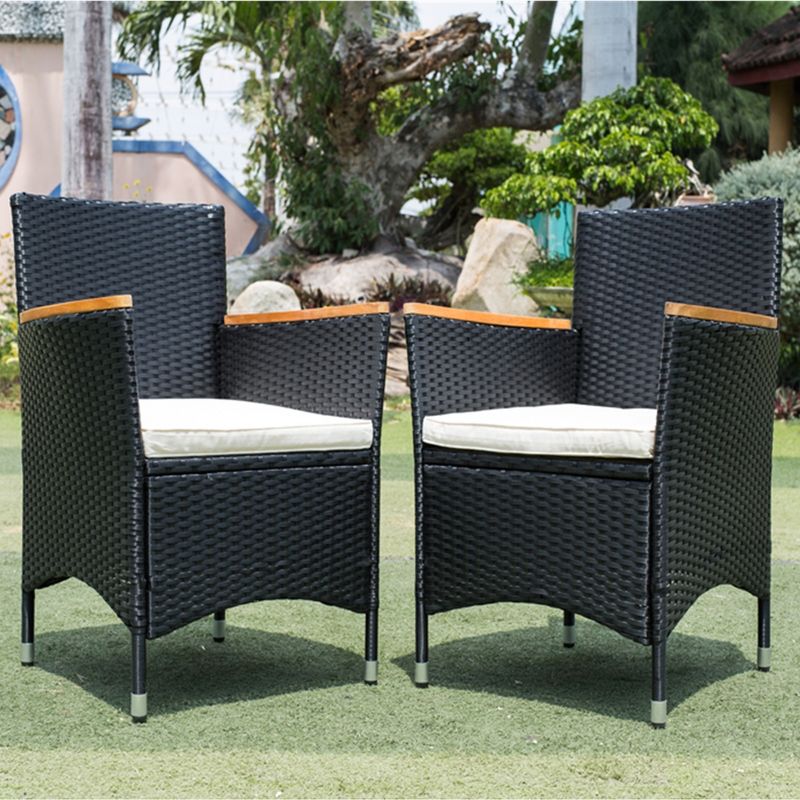 7-Piece Patio Wicker Dining Set, Outdoor Furniture with Acacia Wood Top Table, Black 4M - ModernLuxe, 5 of 9