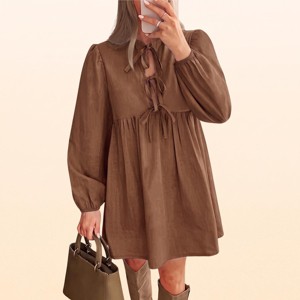 long sleeve empire waist mini dress EadianDree Womens Tie Front Crew Neck Babydoll Casual Loose Swing Long Sleeve Dresses,Dark Brown Womens clothing Size:14/46 Sept Best Sellers Women's Spaghetti Strap Smocked May be worn with