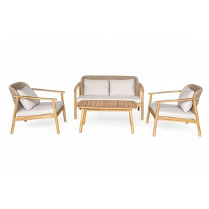 Christopher Knight Home Abbott 4 Piece Patio Woven Rope Acacia Wood Seating Set, Brown - 1 of 4