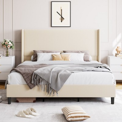 Full/Queen/King Size Bed Frame, Upholstered Platform Velvet Bed Frame with Vertical Channel Tufted Wingback Headboard