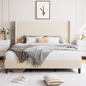 Full/Queen/King Size Bed Frame, Upholstered Platform Velvet Bed Frame with Vertical Channel Tufted Wingback Headboard - 1 of 4