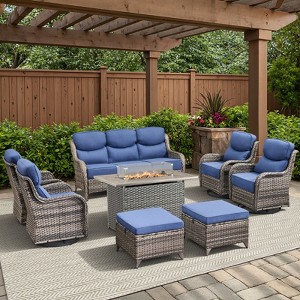 Belord High Back Outdoor Furniture with 6-Inch Thick Cushion, Patio Furniture Set with Fire Pit Table & Swivel Chair, 8PCS Wicker Conversation Set - 1 of 4