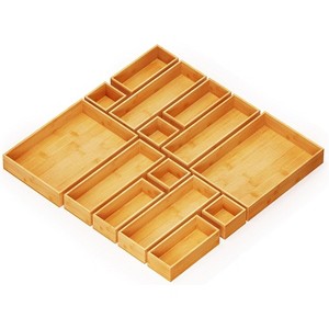14-Piece Bamboo Drawer Organizer Set – Multi-Use Divider Bins for Kitchen, Bathroom, Office, and Makeup Storage, Natural - 1 of 4