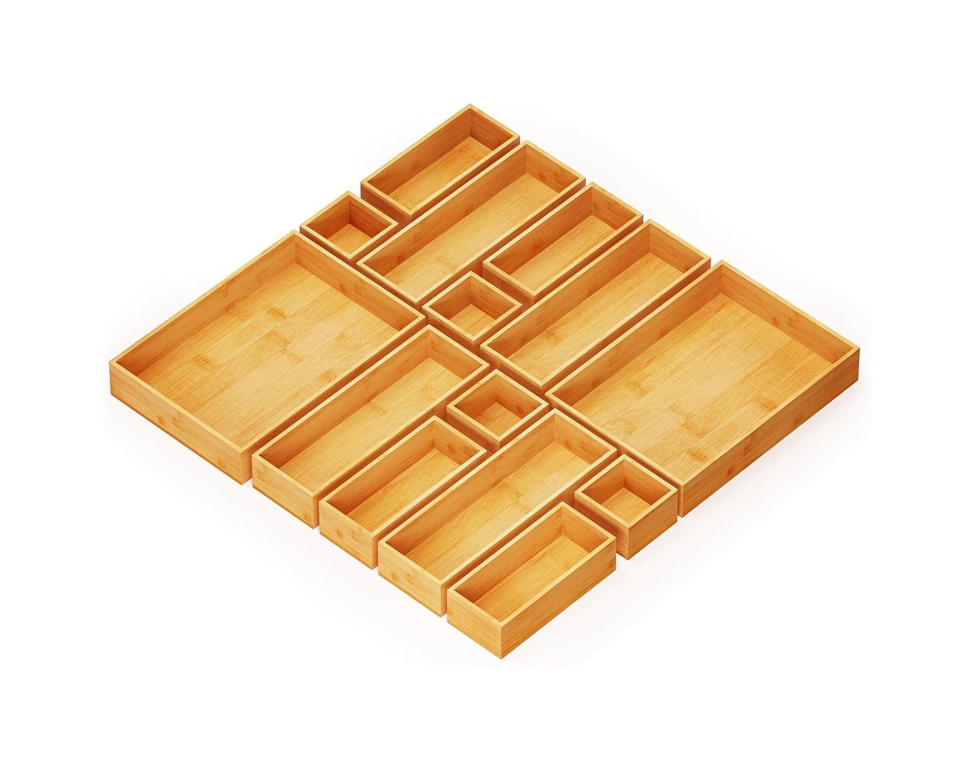 14-Piece Bamboo Drawer Organizer Set – Multi-Use Divider Bins for Kitchen, Bathroom, Office, and Makeup Storage, Natural