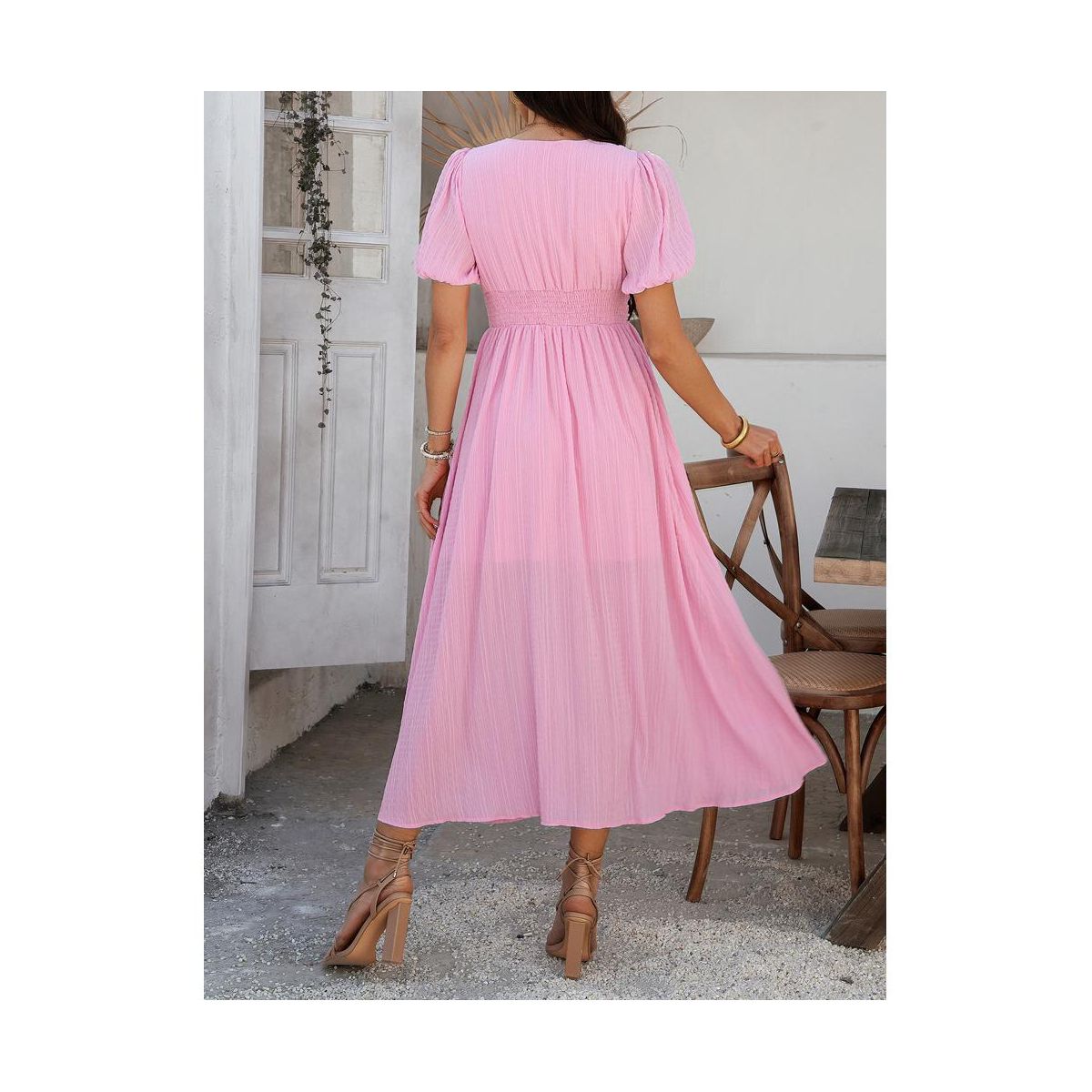Garvee Women's V Neck Short Sleeve Midi Dress Ruched High Waist Button Front Smocked Back Lantern Sleeve Flowy A-Line Sun Dresses - thumbnail 10