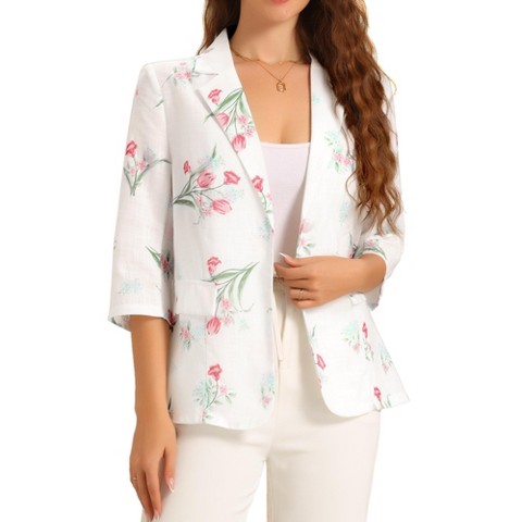 Женские куртки INSPIRE CHIC Floral 3/4 Sleeve Notch Lapel Lightweight Casual Blazer Jacket White Small