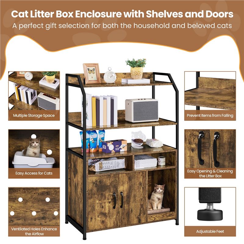 Yaheetech Cat Litter Box Enclosure with Shelves, Rustic Brown, 4 of 10