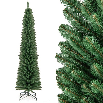 Tangkula 5/6/7/8 FT Artificial Christmas Tree Pencil Xmas Tree with Memory Wire Branch Tips & Upgraded Metal Stand
