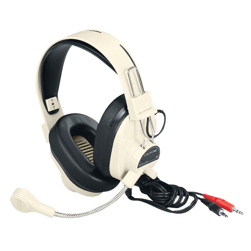 Califone 3066AV Deluxe Over-Ear Stereo Headset with Gooseneck Microphone, Dual 3.5mm Plugs, Beige, Each, 1 of 3