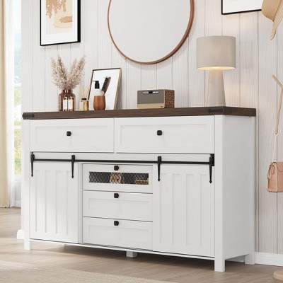 Farmhouse 5-Drawer Dresser with Sliding Barn Doors – Rustic Wood Chest of Drawers & TV Stand