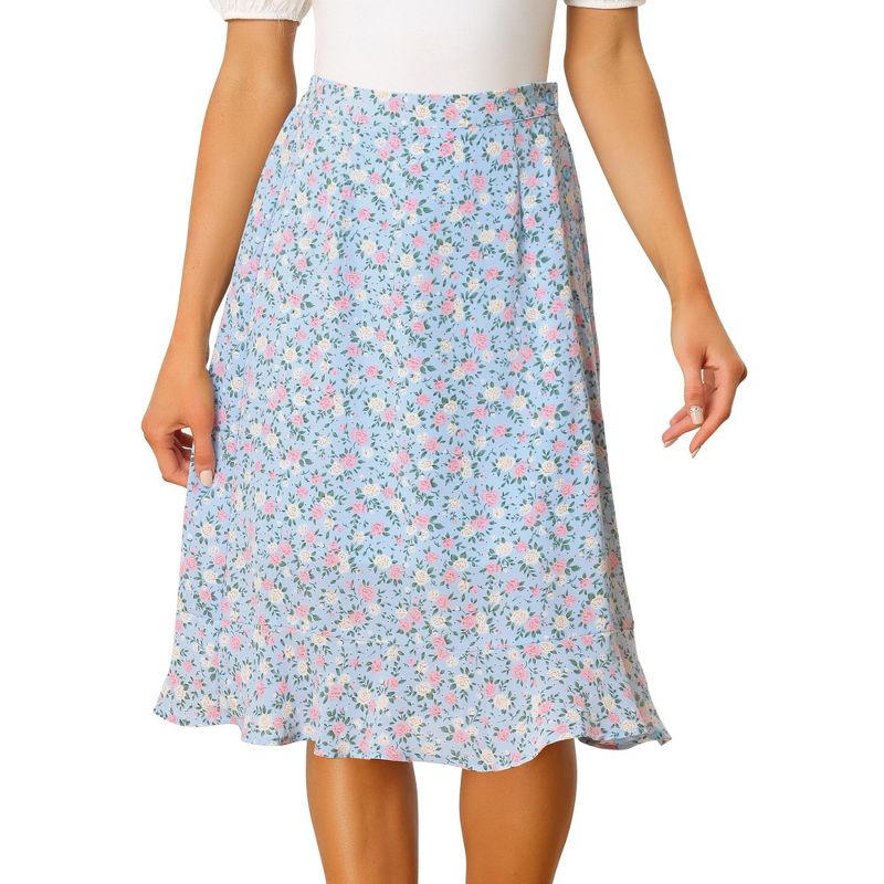 Allegra K Women's Floral Ruffle Elastic High Waist Button Flowy Split Midi Skirt, 1 of 6