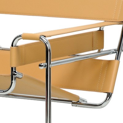 Mid-Century Tan Leather and Chrome Metal Accent Chair