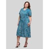 24seven Comfort Apparel Plus Size Teal Print Short Sleeve Tie Waist Midi Dress - 2 of 4